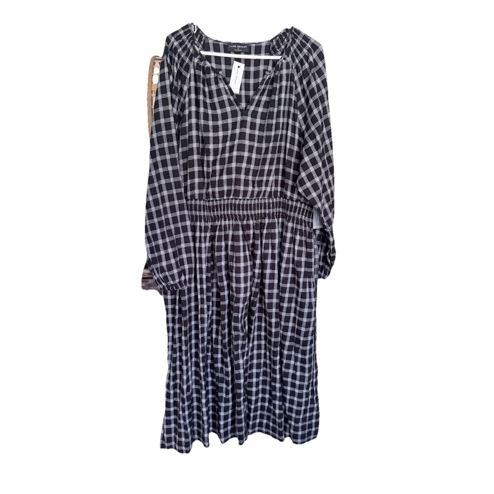 Lane Bryant Black & White Plaid Prairie Smocked Waist Midi Dress 20 Garden